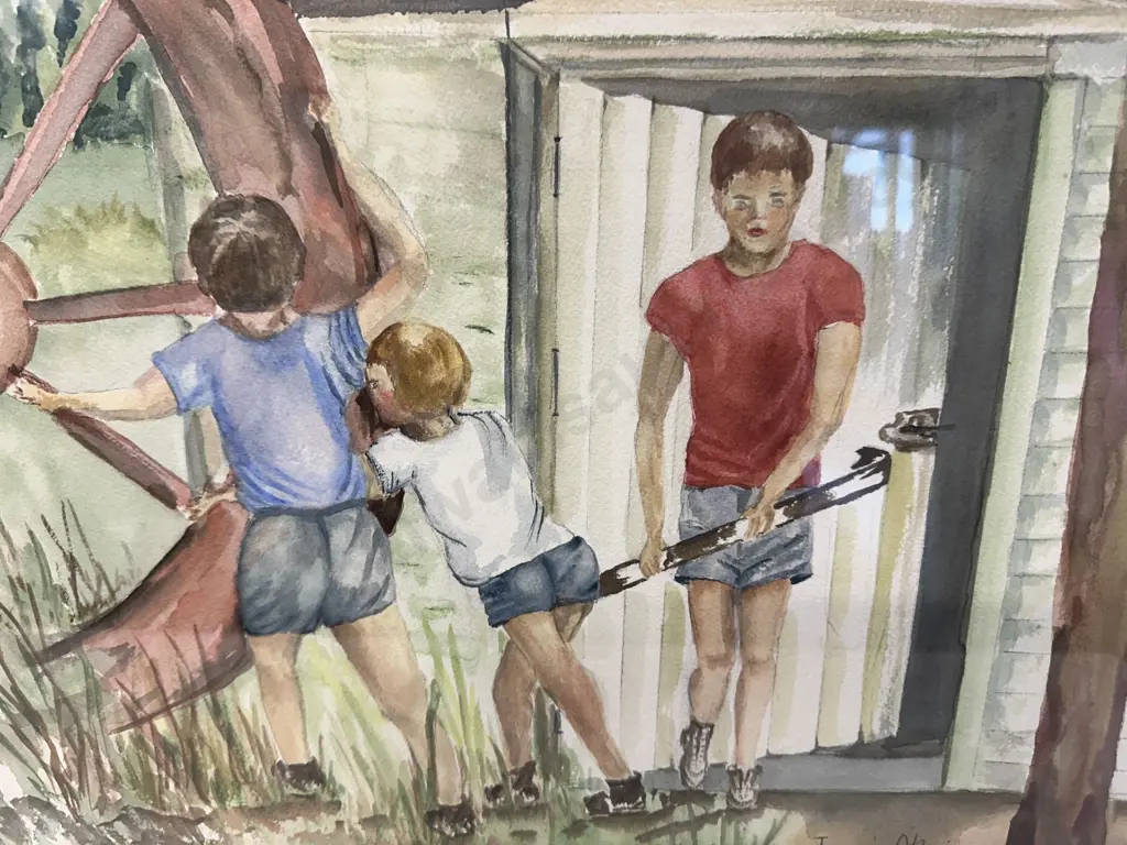 Original Watercolour by Jessie O'Brien of Three Children Playing, Signed by The Artist, Glazed Framed 47 x 57cm Image 1++