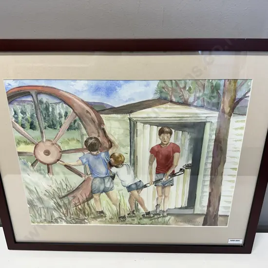 Original Watercolour by Jessie O'Brien of Three Children Playing, Signed by The Artist, Glazed Framed 47 x 57cm