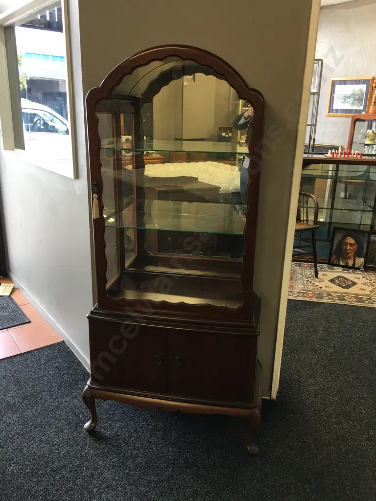 Mahogany Queen Anne Style Dome Top China Display Cabinet, Mirror Back, Glass Shelves, 2 Doors At Base. H159 W76 D35cm Image 1++