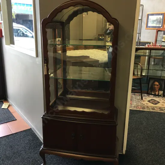 Mahogany Queen Anne Style Dome Top China Display Cabinet, Mirror Back, Glass Shelves, 2 Doors At Base. H159 W76 D35cm