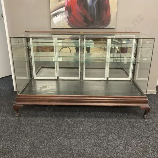 Large Antique Shop Display Cabinet. H97 W167 D70cm (Top Glass Has Cracked)