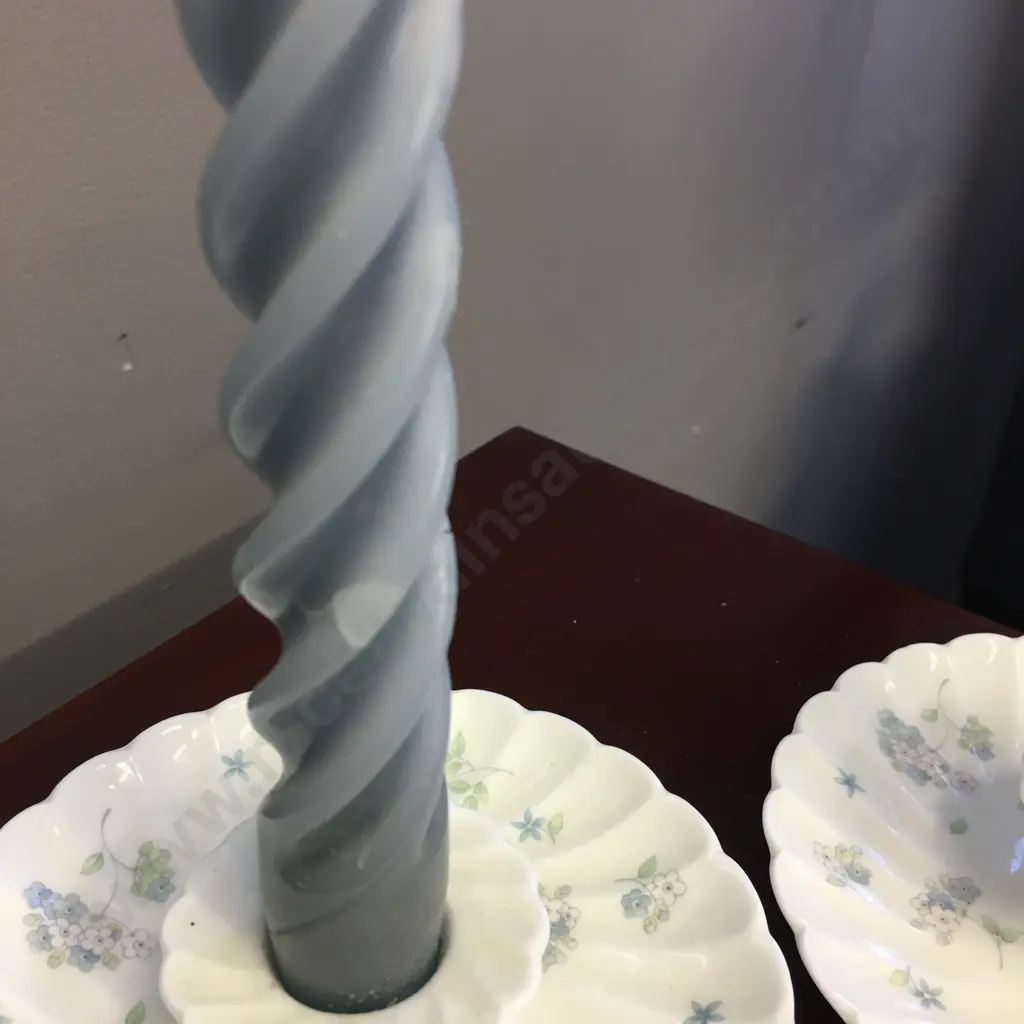 Pair of Wedgwood China Candle Holders With Blue Candles (1 As Found) Image 1++