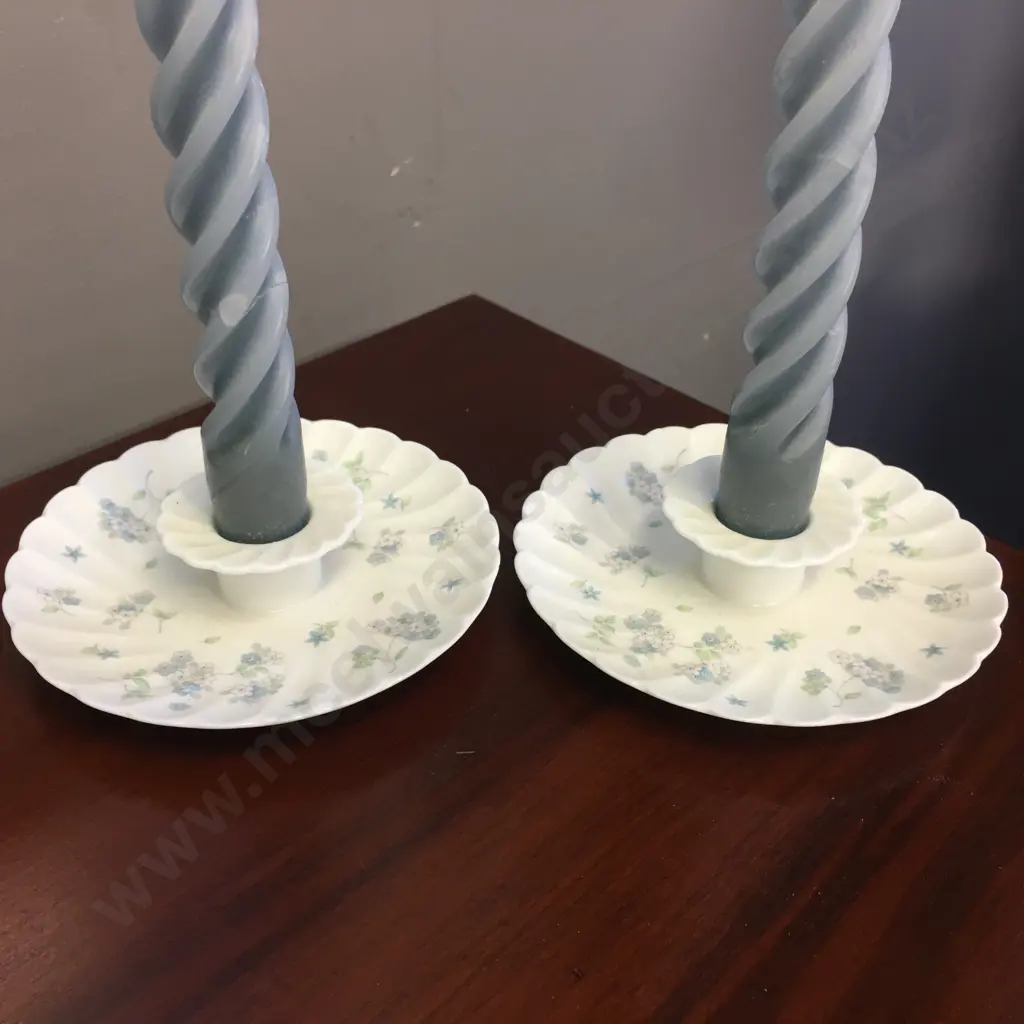 Pair of Wedgwood China Candle Holders With Blue Candles (1 As Found) Image 1++