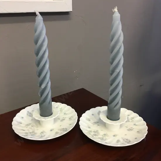 Pair of Wedgwood China Candle Holders With Blue Candles (1 As Found)