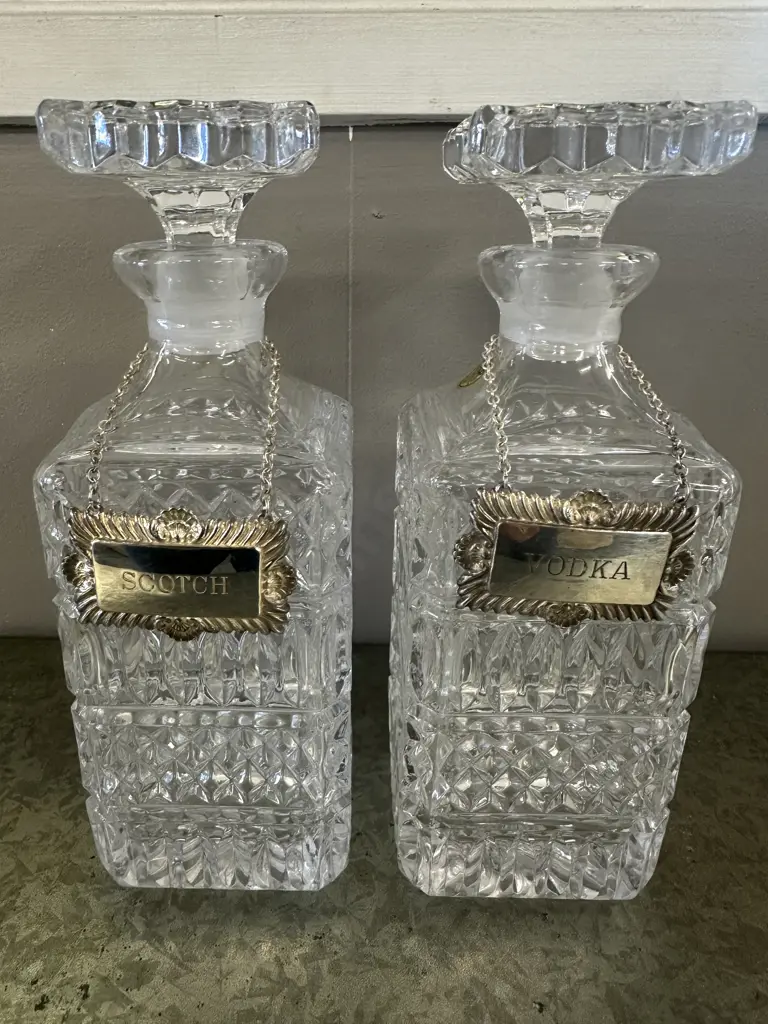 Vintage RCR Decanters x2 With Vodka & Scotch Labels H24cm. Image 1++