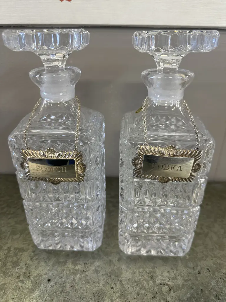 Vintage RCR Decanters x2 With Vodka & Scotch Labels H24cm. Image 1++