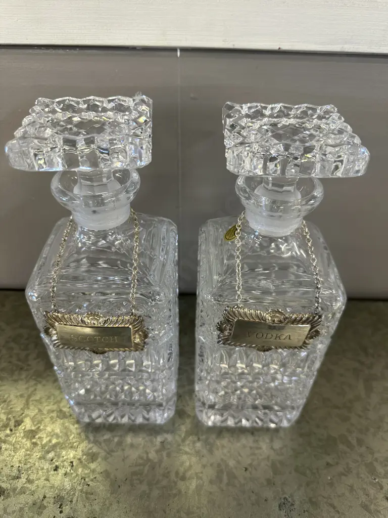 Vintage RCR Decanters x2 With Vodka & Scotch Labels H24cm. Image 1++
