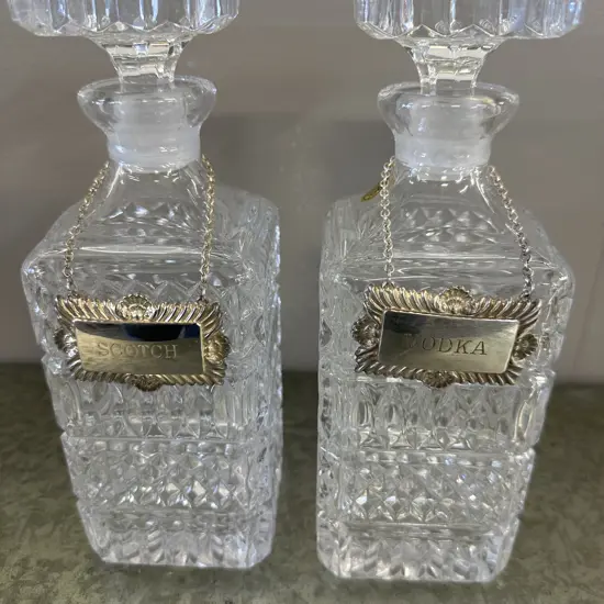 Vintage RCR Decanters x2 With Vodka & Scotch Labels H24cm.