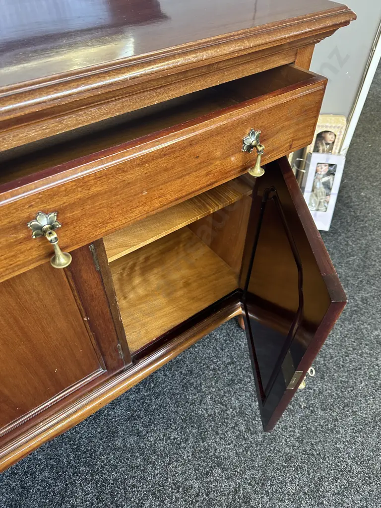 Mahogany Side Board Three Door, Two Drawer, Cabriole Legs (af to one Foot) H118,W150,D58. Borer Evident Image 1++