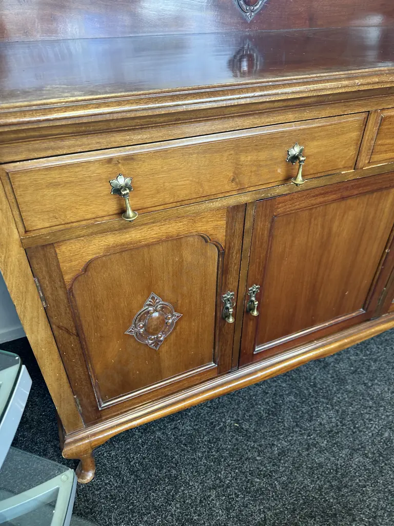 Mahogany Side Board Three Door, Two Drawer, Cabriole Legs (af to one Foot) H118,W150,D58. Borer Evident Image 1++