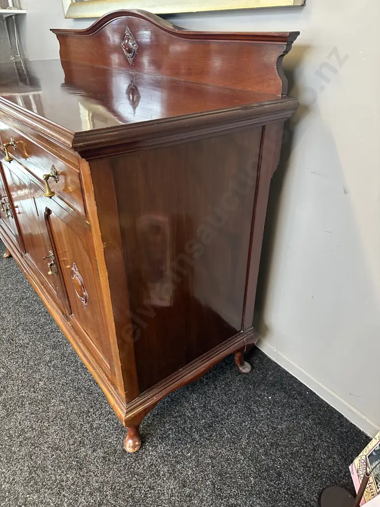 Mahogany Side Board Three Door, Two Drawer, Cabriole Legs (af to one Foot) H118,W150,D58. Borer Evident Image 1++