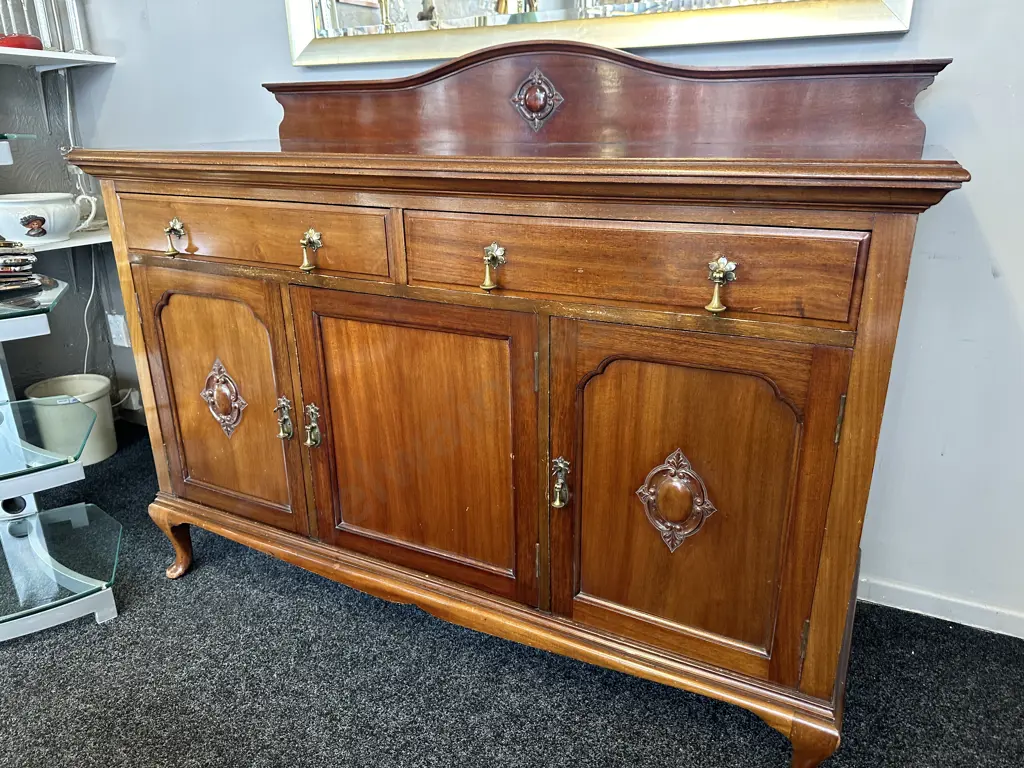Mahogany Side Board Three Door, Two Drawer, Cabriole Legs (af to one Foot) H118,W150,D58. Borer Evident Image 1++