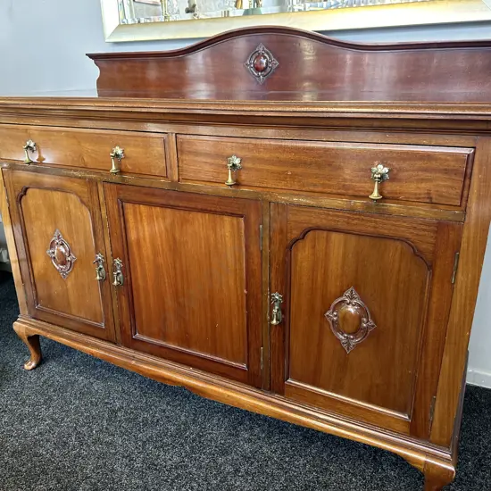Mahogany Side Board Three Door, Two Drawer, Cabriole Legs (af to one Foot) H118,W150,D58. Borer Evident