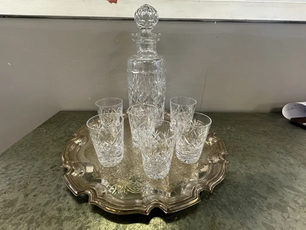 Vintage Crystal Decanter & Six Sherry Glasses On Silverware Tray Image 1++