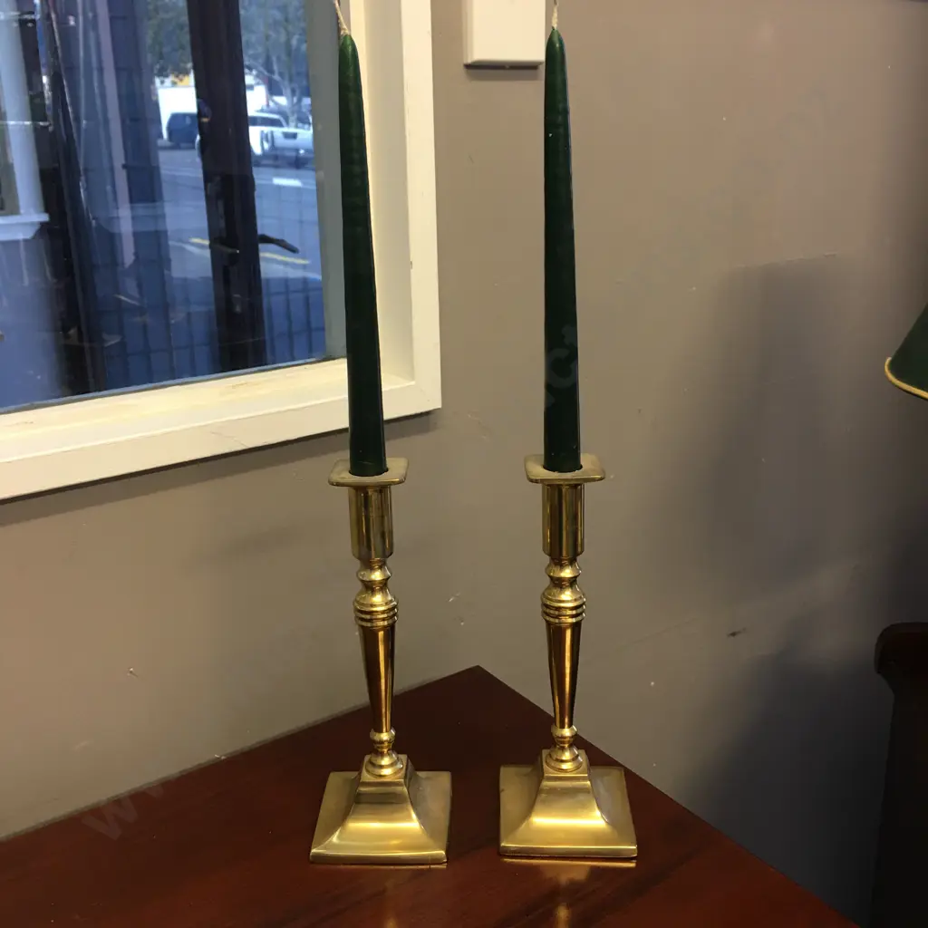 Pair of Vintage Brass Candlesticks With Green Candles. H23cm Image 1++
