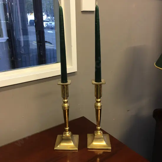 Pair of Vintage Brass Candlesticks With Green Candles. H23cm