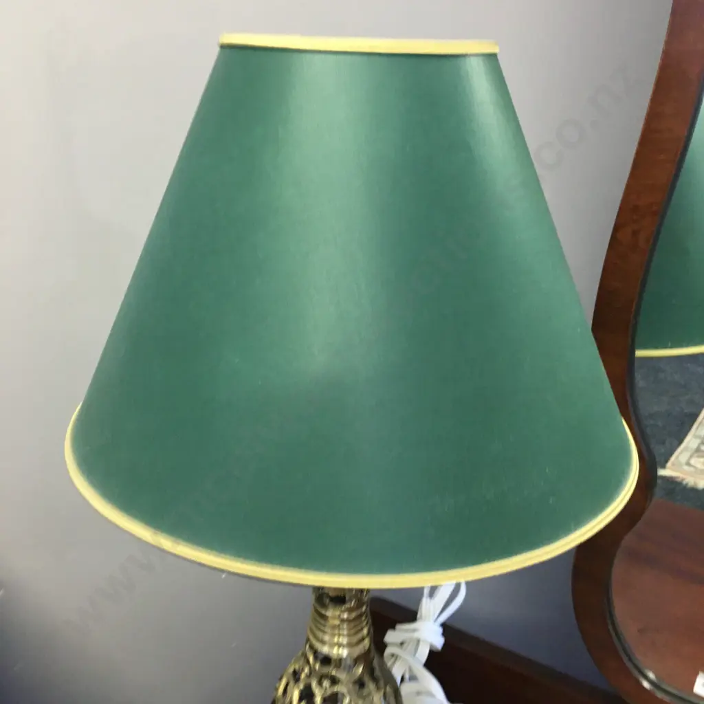 Vintage Ornate Brass Table Lamp With Green & Gold Shade Image 1++