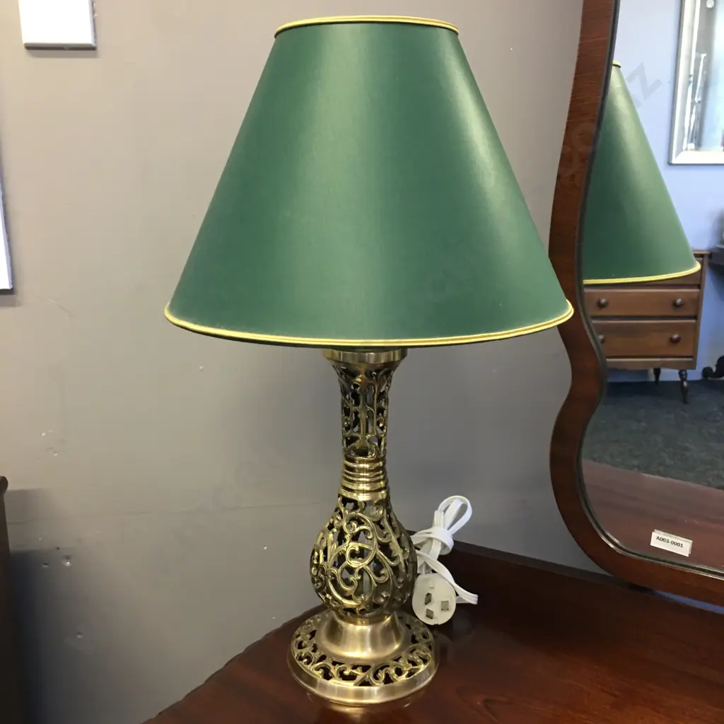 Vintage Ornate Brass Table Lamp With Green & Gold Shade Image 1++