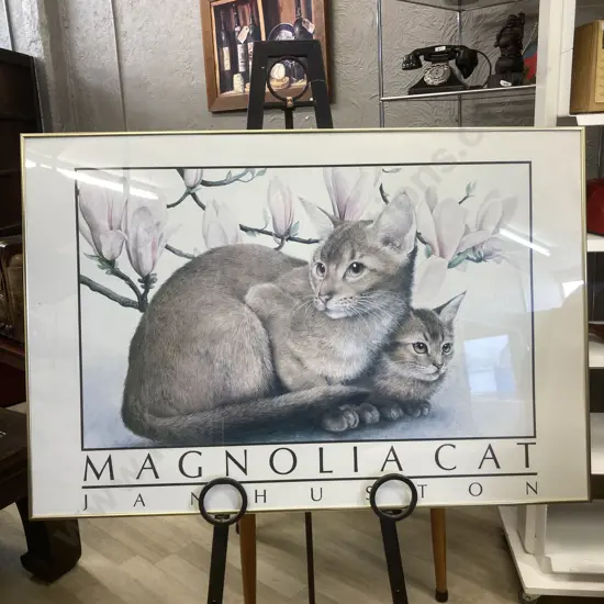 Large Vintage Magnolia Cat Jan Houston Glazed Framed Art Print. 60 x 89cm