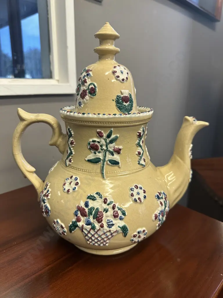 Antique Large Teapot With Raised Detailing. H30cm (Repair to Handle) Image 1++