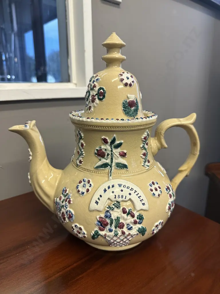 Antique Large Teapot With Raised Detailing. H30cm (Repair to Handle) Image 1++