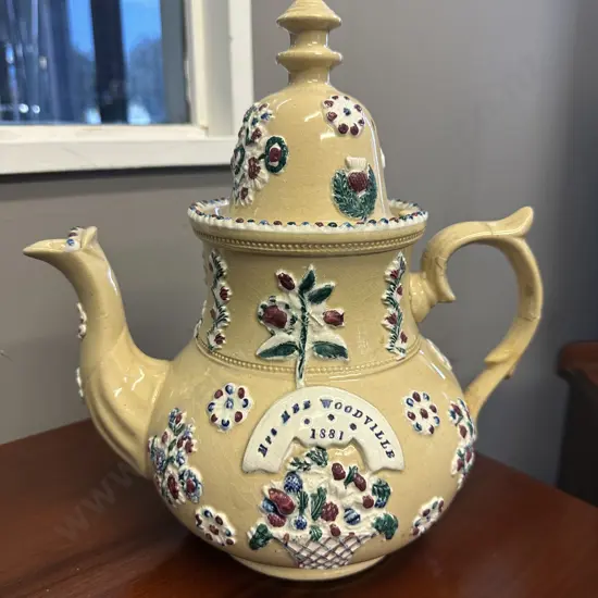Antique Large Teapot With Raised Detailing. H30cm (Repair to Handle)