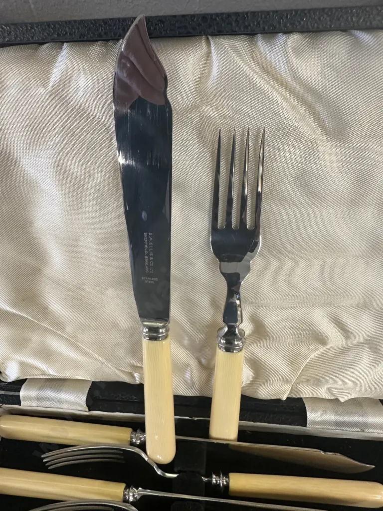 Vintage Boxed Fish Cutlery Set Boned Handled Knives Image 1++