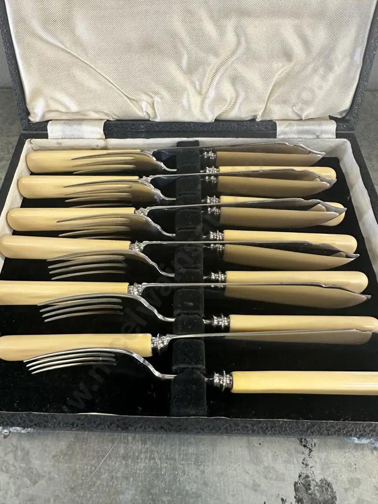 Vintage Boxed Fish Cutlery Set Boned Handled Knives Image 1++