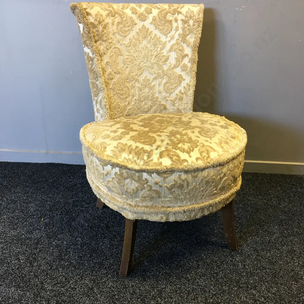 Mid Century Round Bedroom Chair With Cream Brocade Fabric Image 1++