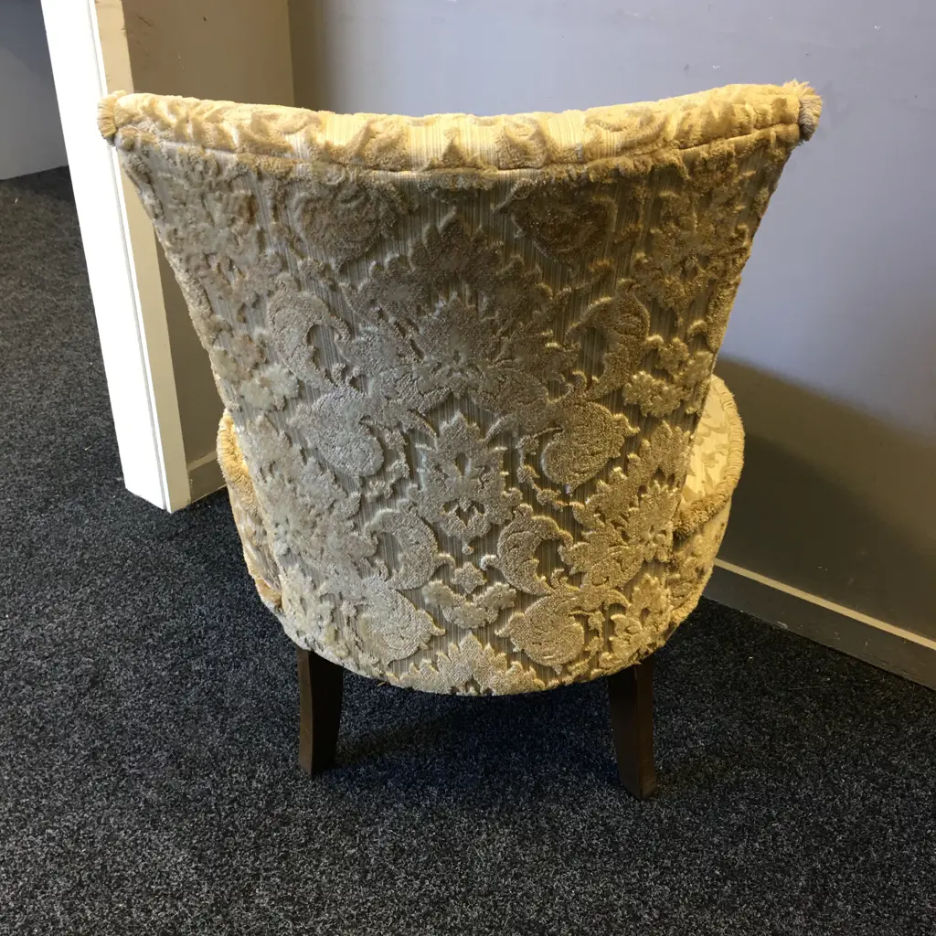 Mid Century Round Bedroom Chair With Cream Brocade Fabric Image 1++