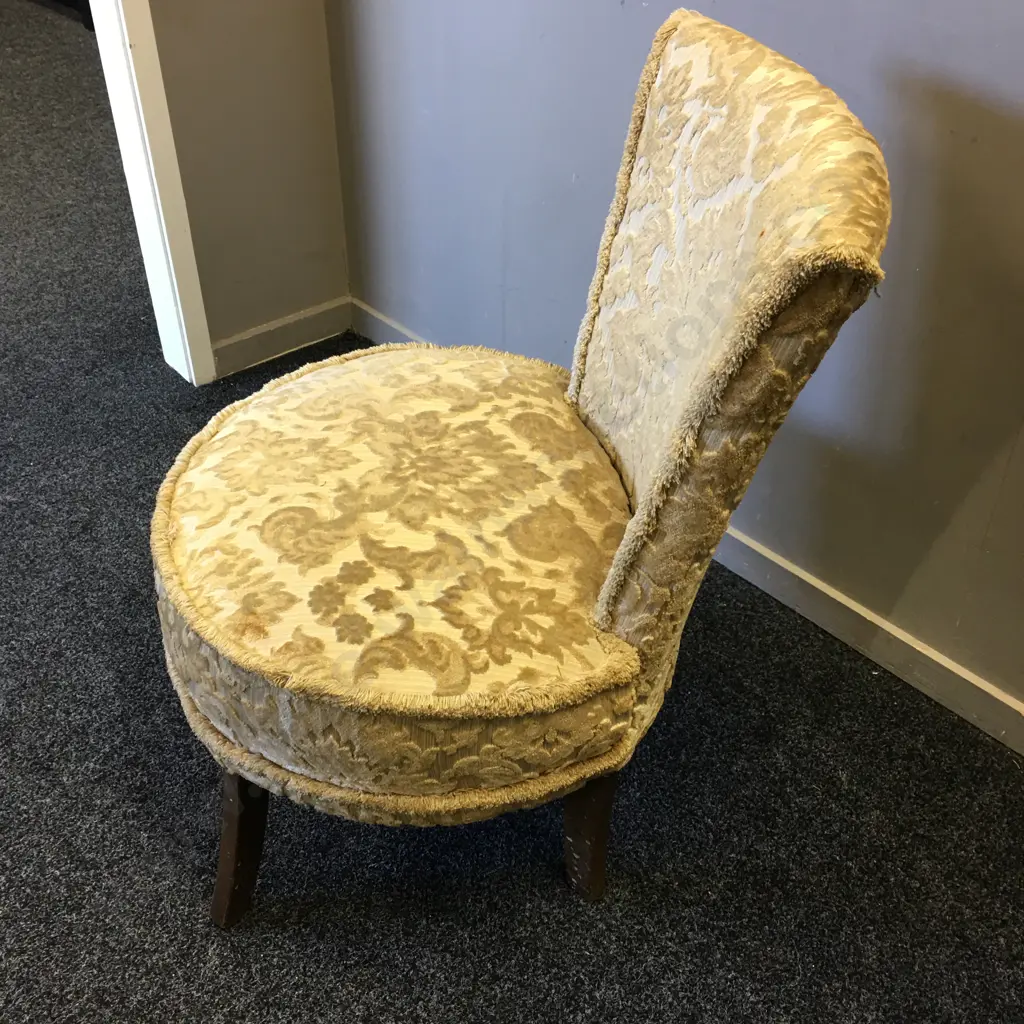 Mid Century Round Bedroom Chair With Cream Brocade Fabric Image 1++