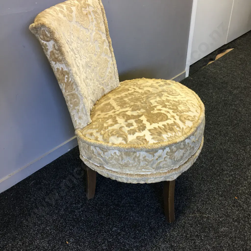 Mid Century Round Bedroom Chair With Cream Brocade Fabric Image 1++