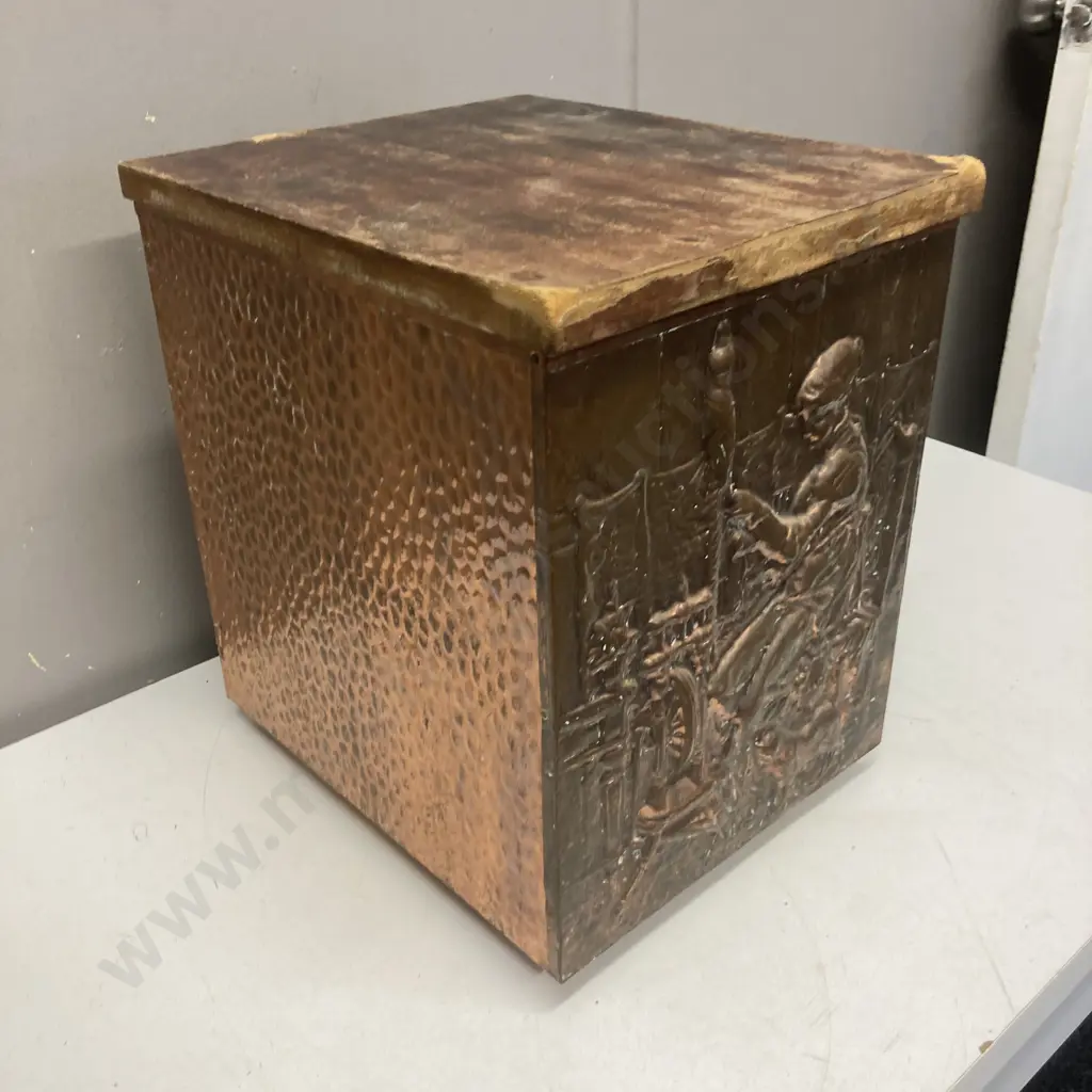 Vintage Beaten Copper Fireside Kindling Box With Spinning Lady Detail, Steel Bucket Inner. H33 W265 D30cm Image 1++