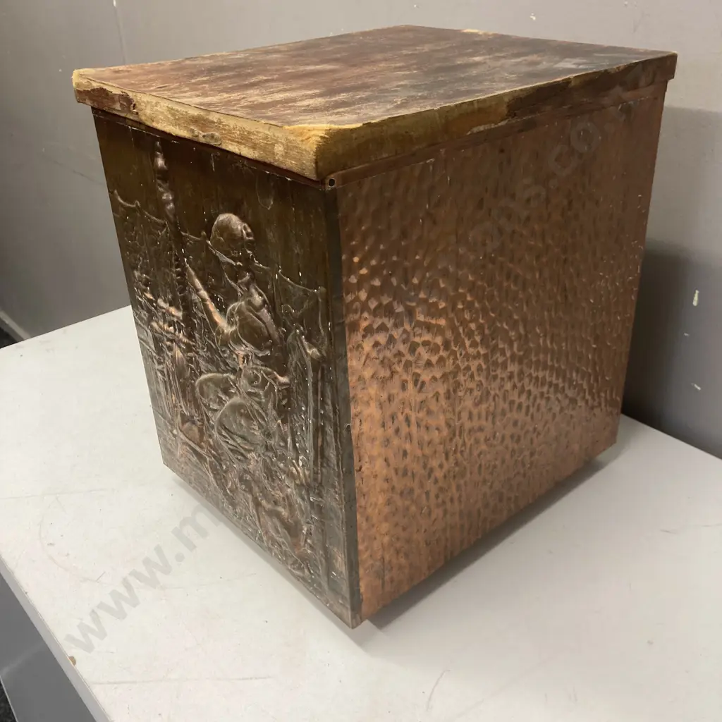 Vintage Beaten Copper Fireside Kindling Box With Spinning Lady Detail, Steel Bucket Inner. H33 W265 D30cm Image 1++