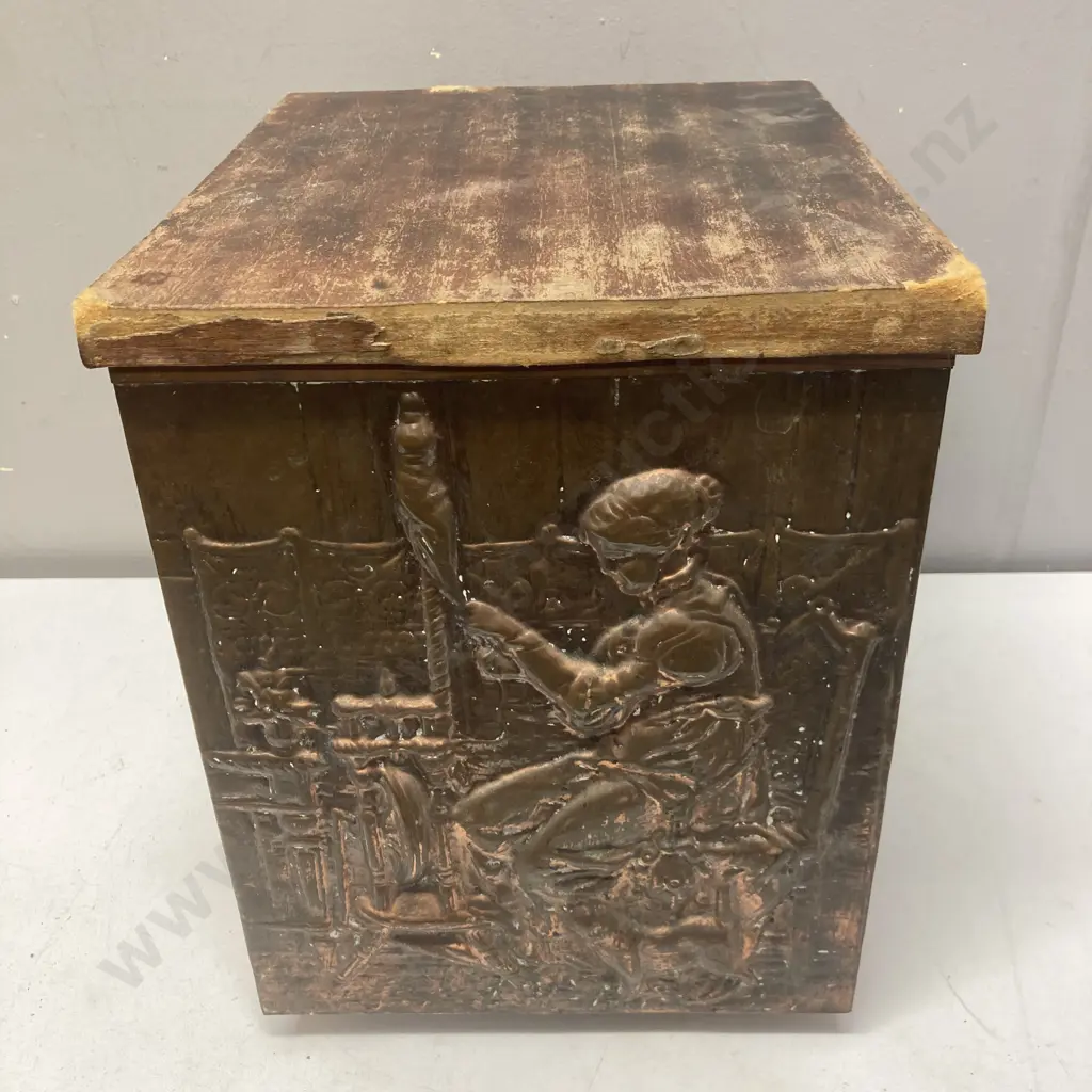 Vintage Beaten Copper Fireside Kindling Box With Spinning Lady Detail, Steel Bucket Inner. H33 W265 D30cm Image 1++