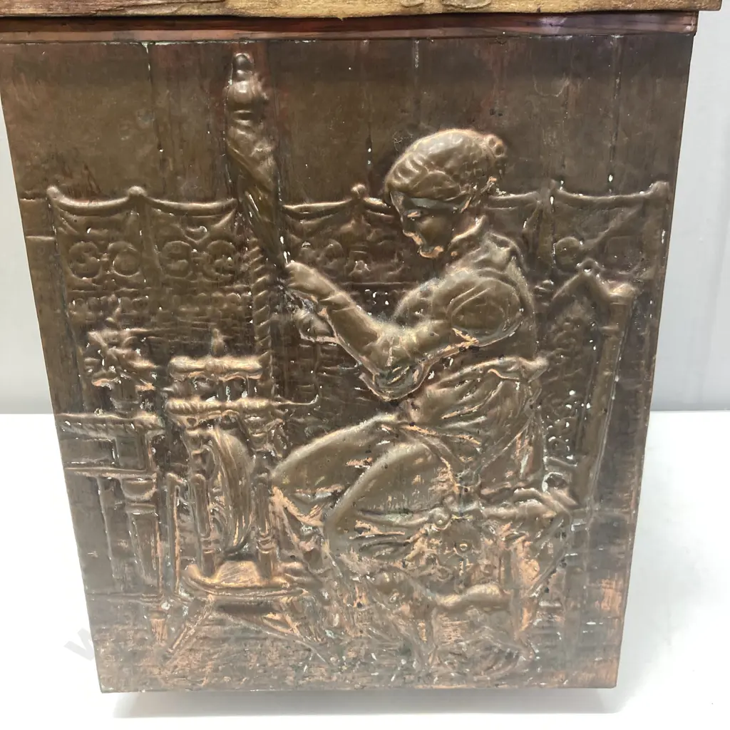 Vintage Beaten Copper Fireside Kindling Box With Spinning Lady Detail, Steel Bucket Inner. H33 W265 D30cm Image 1++