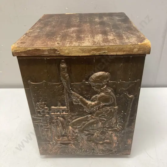 Vintage Beaten Copper Fireside Kindling Box With Spinning Lady Detail, Steel Bucket Inner. H33 W265 D30cm
