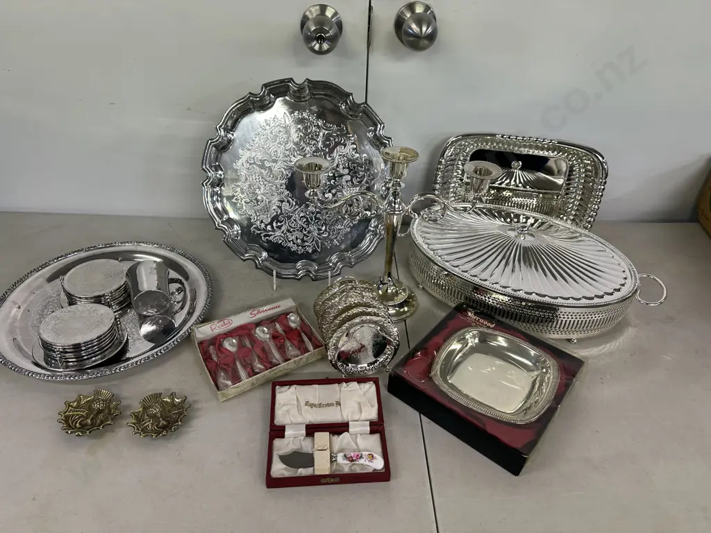 Selection Of Silver Ware Items & Brass Footed Dishes Image 1++