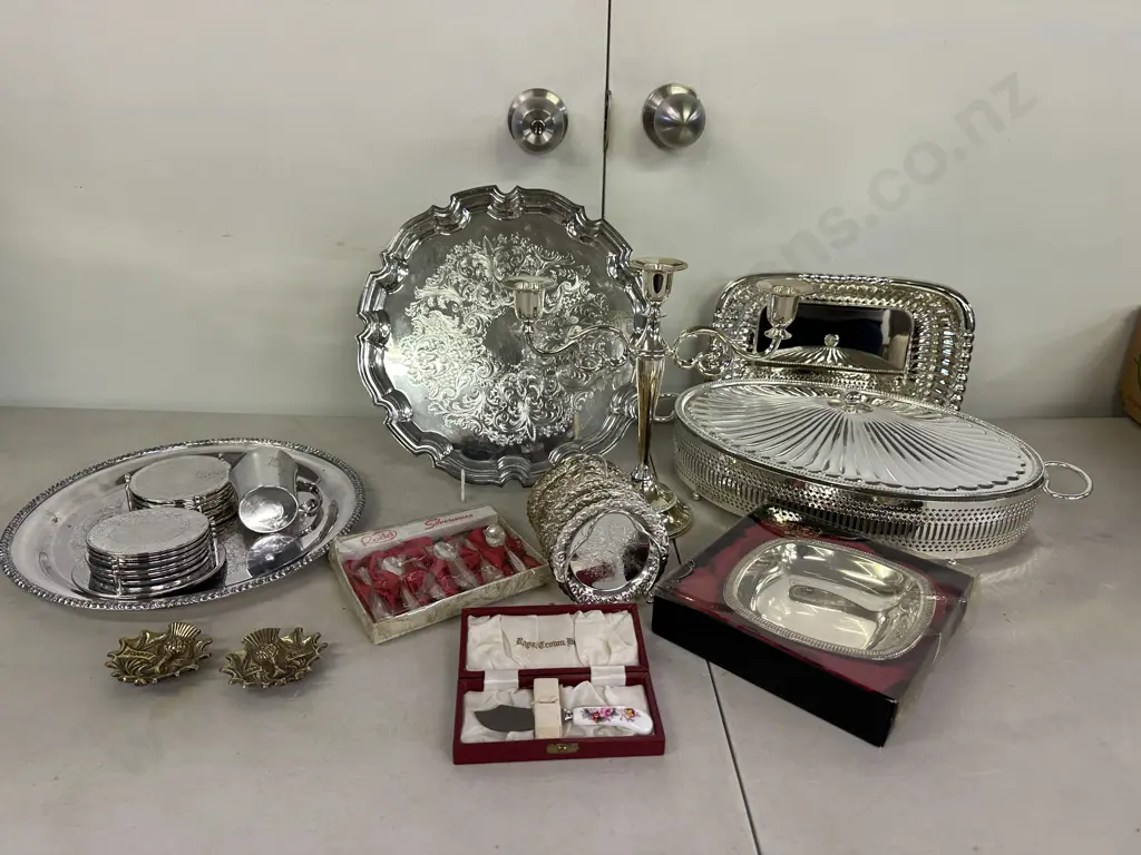 Selection Of Silver Ware Items & Brass Footed Dishes Image 1++