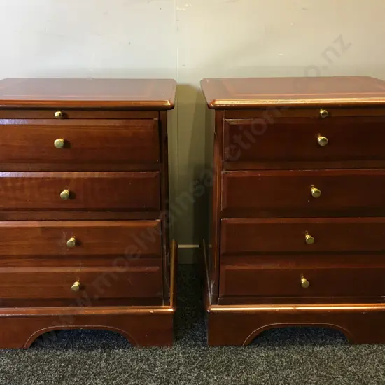 Pair Of Mahogany Inlaid Bedside Tables Four Drawer With Pull Out Tray & Brass Knob Handles