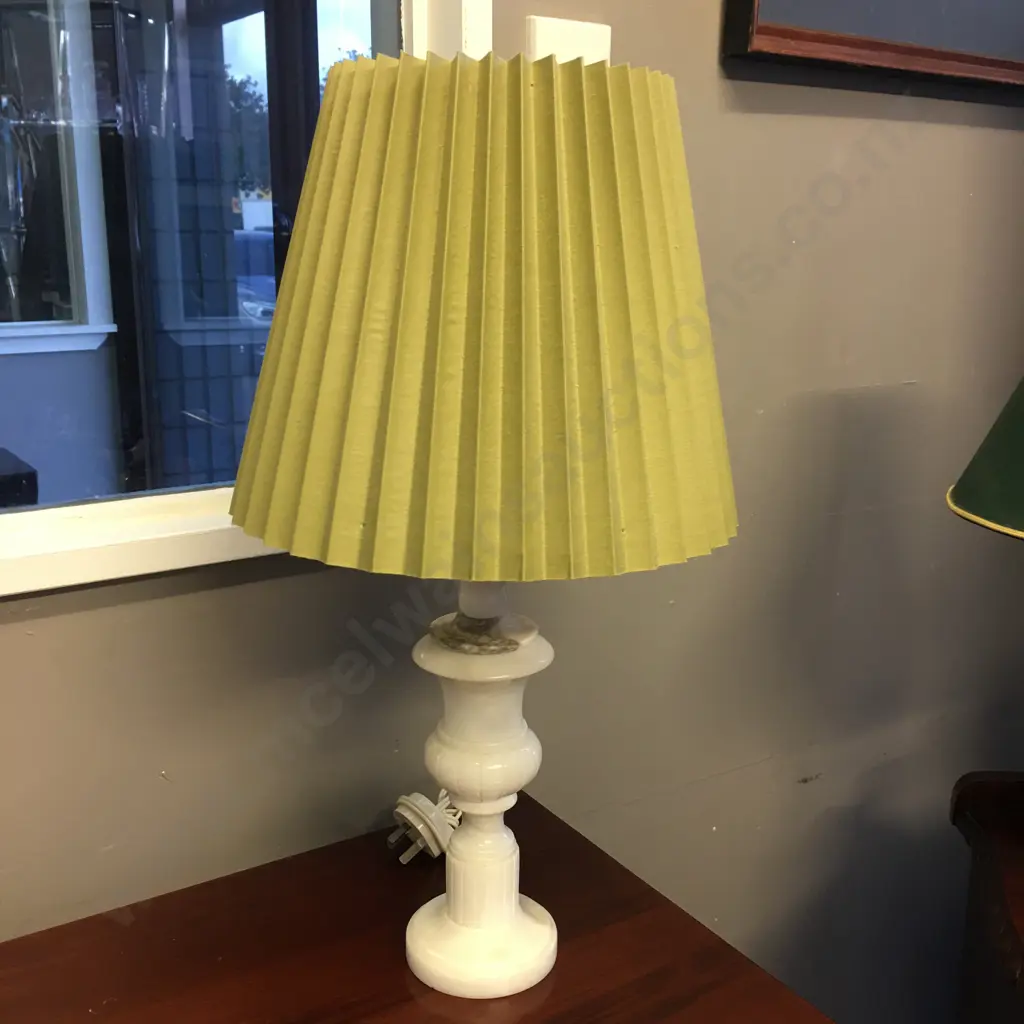 Cream Alabaster? Table Lamp With Green Pleated Shade. H50cm Image 1++