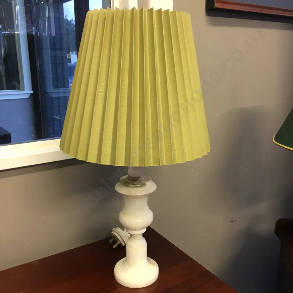 Cream Alabaster? Table Lamp With Green Pleated Shade. H50cm Image 1++