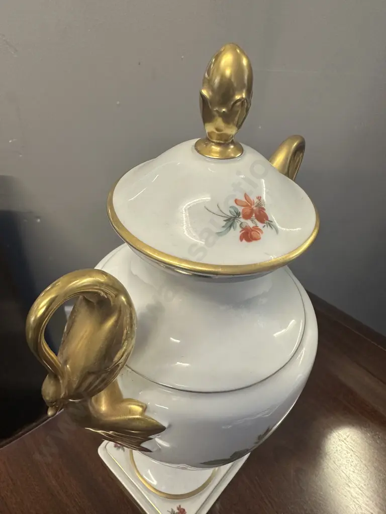 Vintage Alka Kunst Alboth KAISER Porcelain Amphora Flower Vase, Gold Gilt & Swan Handles. H35cm Image 1++