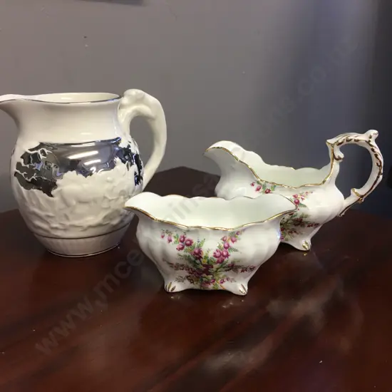 Hammersley China Creamer, Sugar Bowl & Wedgwood Of Etruria Barlaston Pitcher With Dog Handle