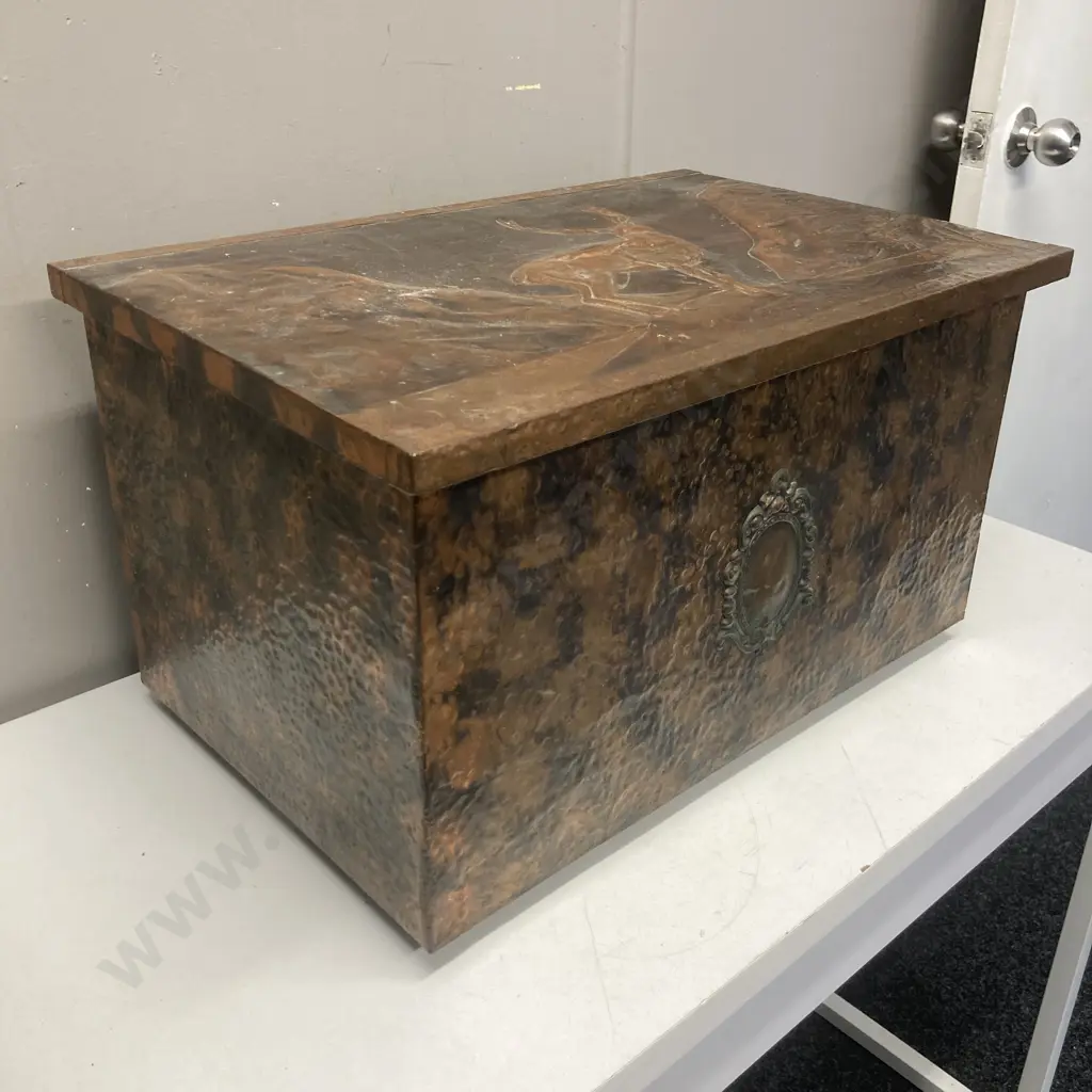 Vintage Beaten Copper Fireside Wood Box With Stag & Plaque Detail. H32 W58 D37cm Image 1++