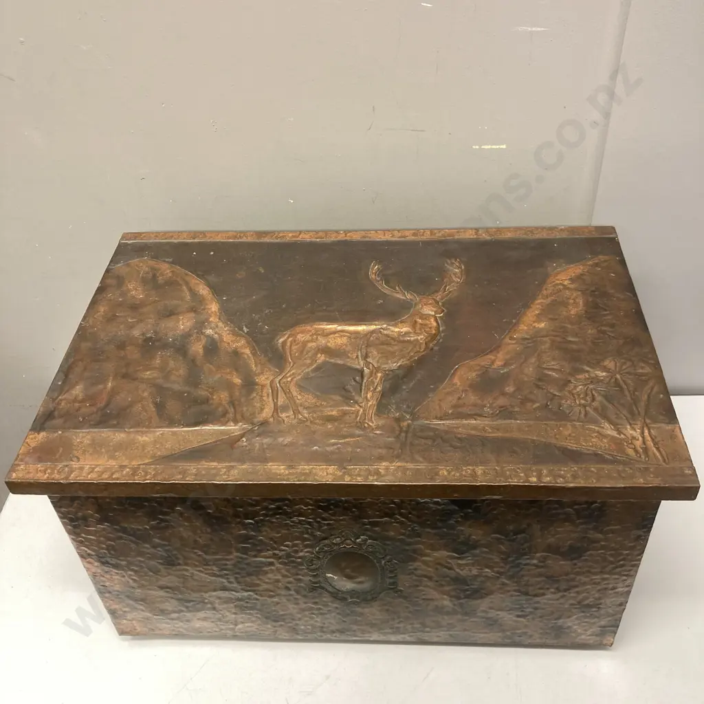 Vintage Beaten Copper Fireside Wood Box With Stag & Plaque Detail. H32 W58 D37cm Image 1++