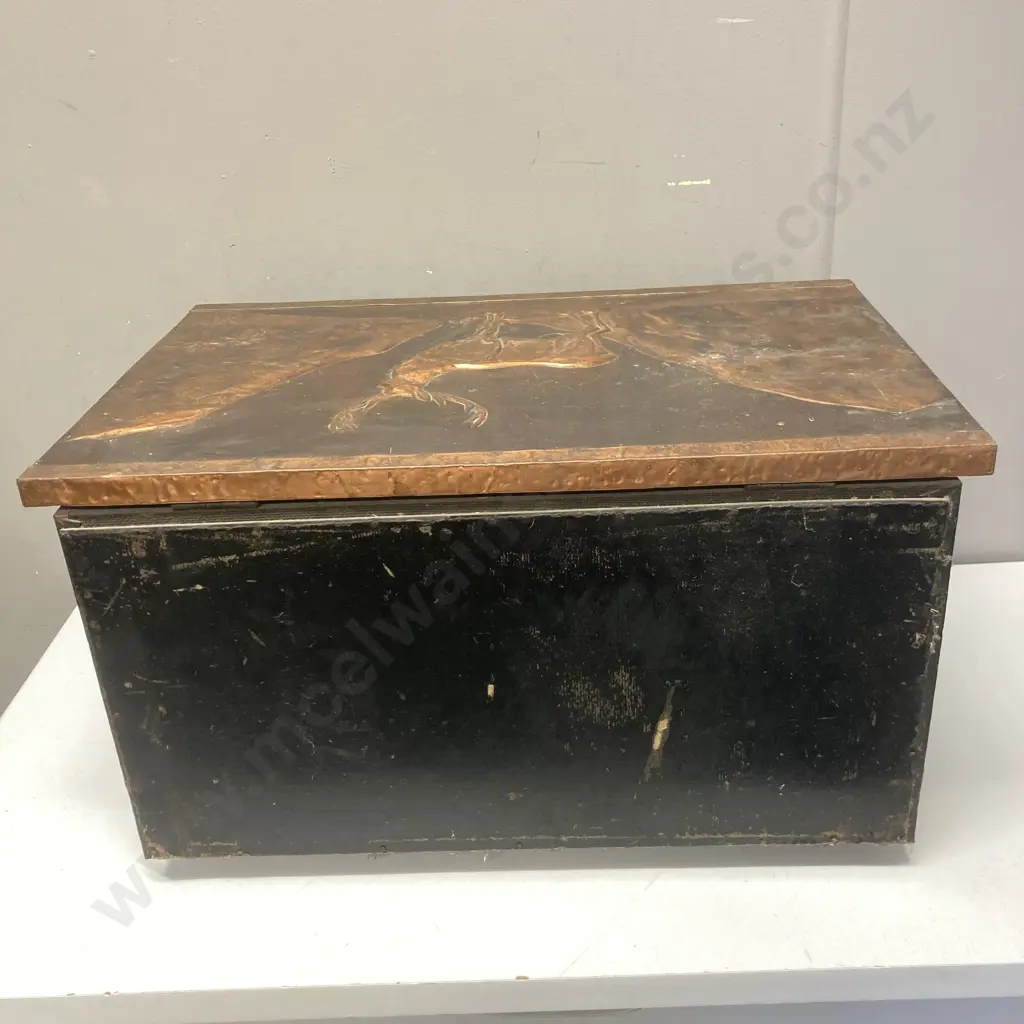 Vintage Beaten Copper Fireside Wood Box With Stag & Plaque Detail. H32 W58 D37cm Image 1++