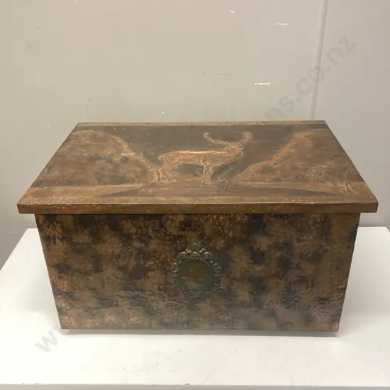 Vintage Beaten Copper Fireside Wood Box With Stag & Plaque Detail. H32 W58 D37cm