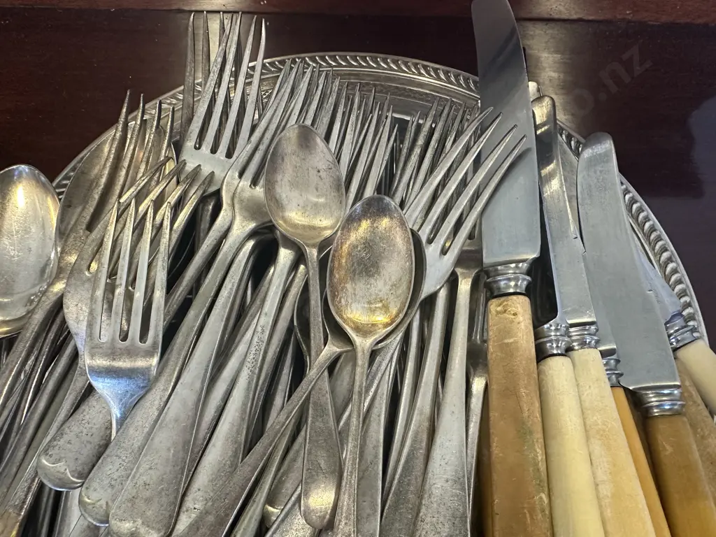 Selection Of Silverware Items Including Bone Handled Knives, Cutlery & Round Serving Tray Etc Image 1++