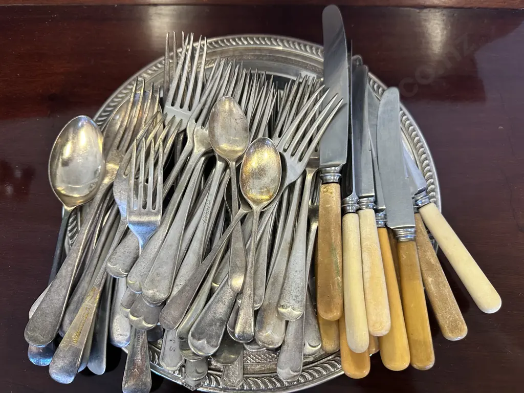 Selection Of Silverware Items Including Bone Handled Knives, Cutlery & Round Serving Tray Etc Image 1++